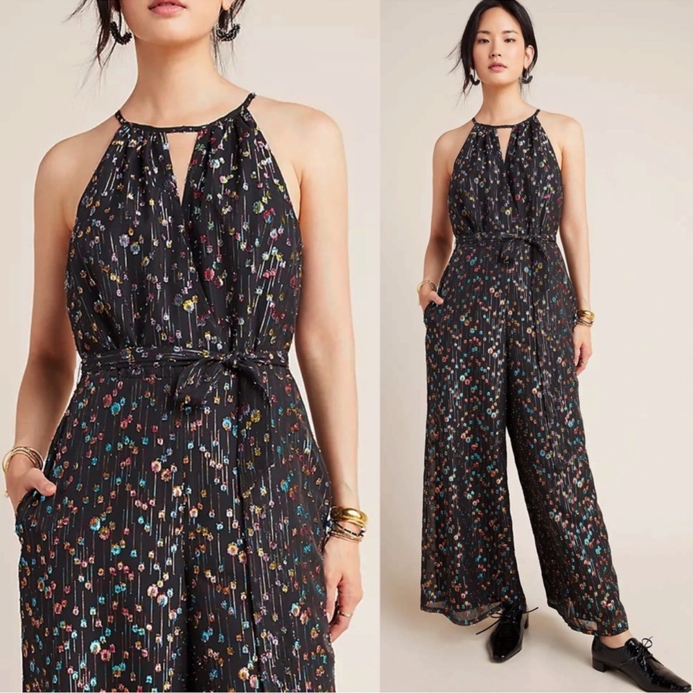 Eva Franco Edita Halter Metallic Clip‎ Dot Wide-leg Jumpsuit